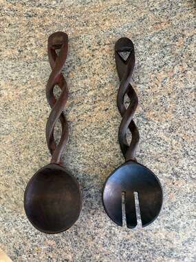 Hand Carved Wooden Twisted Spoon & Fork Set Salad Serving tool
